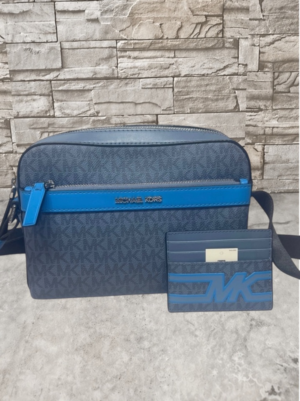 Michael Kors Cooper Utility Messenger & Card Holder Unisex Blue Logo Denim Multi